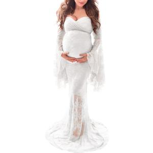 Saslax Off Shoulder Lace Maternity Dress for Photography Maxi Maternity Props Dresses for Photo Shoot Baby Shower (Small, White)