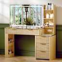 51" Vanity Desk with Power Outlet, Makeup Vanity with Mirror and Lights, 3 Lighting Modes, Vanity Table with Glass Top, 5 Drawers, and Jewelry Storage, Oak-1