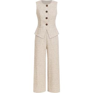 SOLY HUX Women's 2 Piece Business Casual Outfits Elegant Button Up Crew Neck Blazer Vest and Pants Set, M