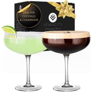 VEMACITY - Elegant Handblown Coupe Cocktail Glasses Set of 2 (10oz) - Crystal Espresso Martini Glasses, Champagne Saucers - Vintage Glassware | Wedding Gift | Ideal for Martinis and Margaritas