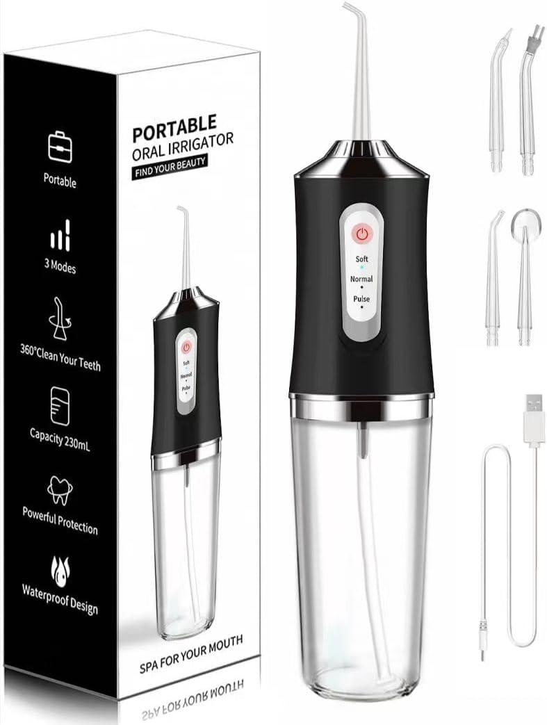Water-Flosser-Cordless-Teeth-Cleaner Water Dental Flosser with 3 Modes 4 Jets Rechargeable IPX7 Waterproof for Travel Home Braces(Black)