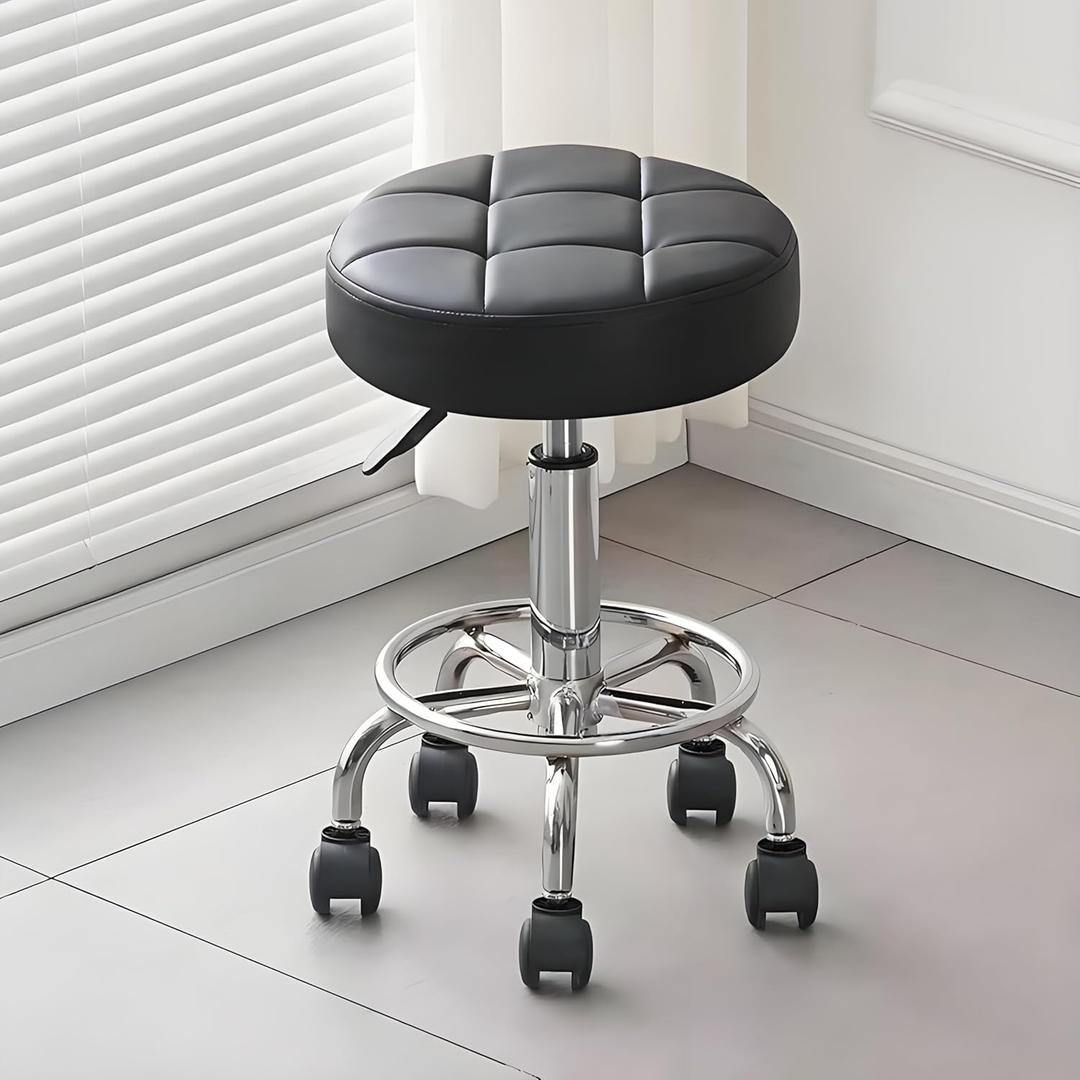 Rayyl Rolling Stool with Wheels Classic PU Leather - 400lb Capacity with Quiet Wheels, 360 Swive Adjustable Height, Ultra-Comfort Seat, for Salon Tattoo Work Home SPA Shop Use (Black)