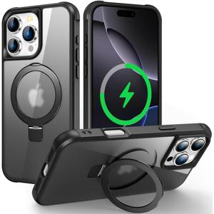 Magnetic Compatible with iPhone 16 Pro Case with Stand [Military Grade Drop Tested][Compatible with Magnet] Ring Translucent Slim Hard Back Soft Edge, Black