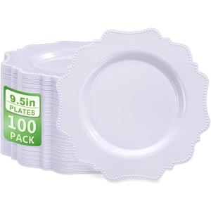 COLOSUS 100pcs 9.5 Inch-White Plastic Dinner Plates, Fancy White Plastic Plates,Heavy Duty Disposable Dinner Plates for Party Thanksgiving and Everyday Use