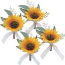 Artificial Sunflower Boutonniere,Bride Groom Bridesmaid Wedding Flower Corsage Set,Formal Party and Vintage Wedding.(4pcs Sunflower Boutonniere)