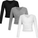 SOLY HUX 3 Pack Girl's Long Sleeve Shirts V Neck Basic T-Shirts Ruched Tops Spring Fall Layering Tees 8-12 Years