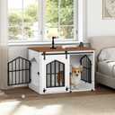MAHANCRIS Dog Crate Furniture, 31.5" Farmhouse Dog Kennel with Sliding Barn Door, Wooden Dog Cage for Small Medium Dogs, Decorative Pet House Side End Table, Chew-Resistant, White and Walnut DCBA9601