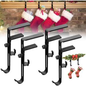 4 Pack Fireplace Stocking and Garland Hanger,2 in 1 Metal Mantle Hooks for Christmas Decorations,Adjustable No-Drill for Christmas Stocking & Holiday Garland Decorations, Black