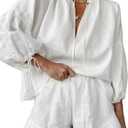 Mxiqqpltky Linen Shorts Sets Women 2 Piece Outfits Long Sleeve Tie Front Tops and Ruffled Boxer Shorts Matching Lounge Sets (Large, White)