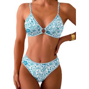 Fanuerg Women's Triangle Bikini Sets O Ring Linked Two Piece Swimsuits Floral Printed Cheeky Bathing Suit (Large)