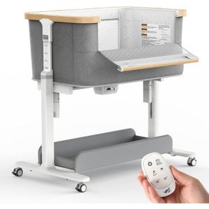 Rocking Bassinet for Baby Electric Automatic Bedside Sleeper Rocks Itself 3 Speed Auto Rolling Newborn Cradle 5 Height Adjustable with Music, Wheels, Storage, (Light Grey)