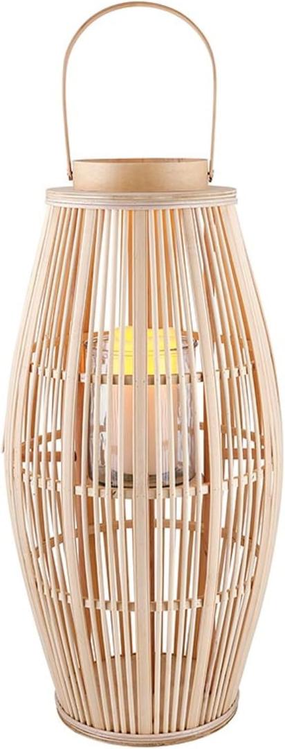 47th & Main Bamboo Hurricane Lantern with Handle Woven Natural Rattan Boho Hanging Candle Holder for Patio, Yard, Home Dcor, Large, Blonde
