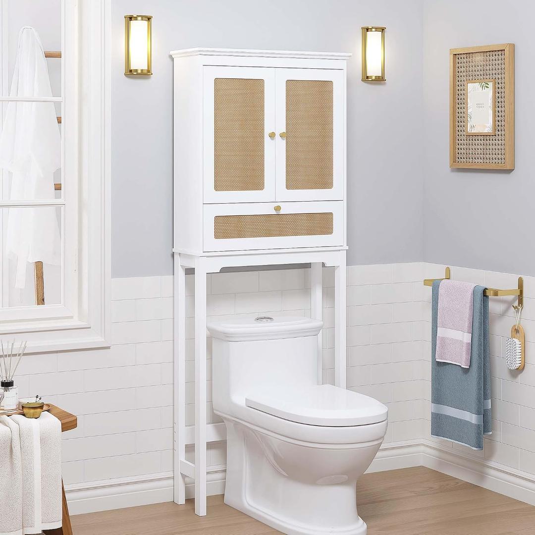 Spirich Over The Toilet Storage Cabinet with Rattan Doors, Over Toilet Bathroom Organizer with Tilt-Out Cube and Adjustable Shelf, 24.6 Inches X 9 Inches X 63.8 Inches