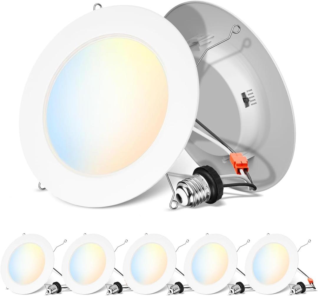 ANWIO Recessed Lighting 6 Inch 5CCT 1000LM High Brightness Flat Retrofit LED Recessed Lights Can Needs, 2700/3000/4000/5000/6000K Selectable Can Lights 10W CRI 80+ Dimmable E26 IC Rated & ETL 5 Pack
