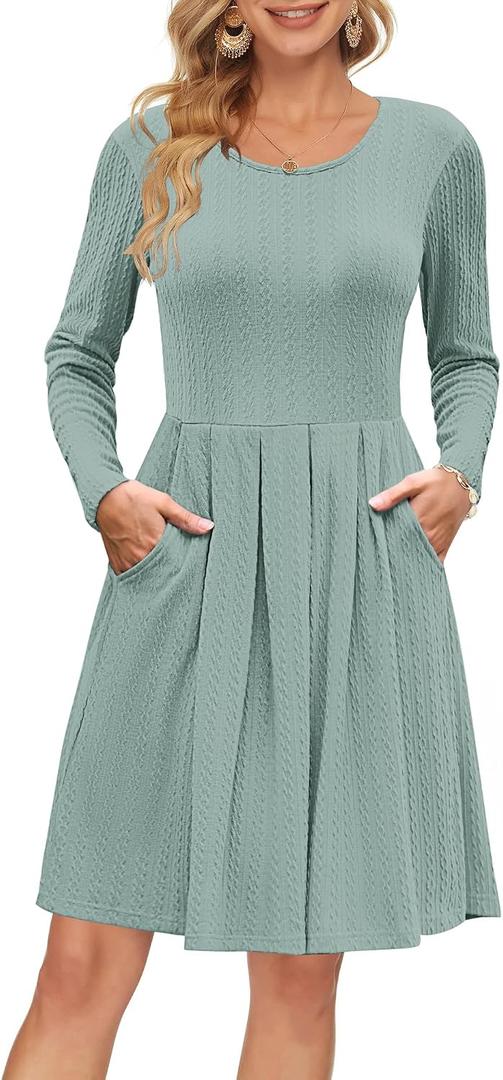 AUSELILY Long Sleeve Dress Women 2025 Crew Neck Fall Dresses Casual Knee Length Dress with Pockets (M)