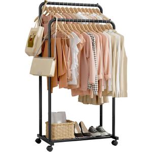 Sakugi Clothes Rack - Clothing Rack with Storage Mesh Shelf & Casters, Heavy-Duty Metal Clothing Rack for Hanging Clothes, Dresses, Coats, Large Load Capacity, Easy Assembly, Black, 28.0"x16.0"x59.0"