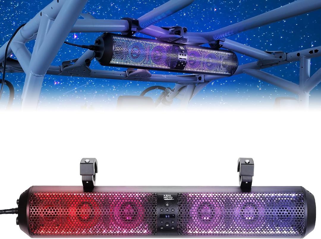 KEMIMOTO UTV Sound Bar 28 Inch ATV Soundbar 4X Subwoofers LED Party Lights Bluetooth Golf Cart Sound Bar 2X Tweeters Compatible with Polaris RZR Can-Am X3 Defender CFMOTO for 1.56"- 2.25" Roll Cage