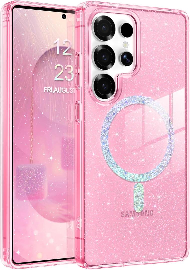 BENTOBEN for Samsung S25 Ultra Case Clear Glitter, Galaxy S25Ultra Magnetic Phone Case [Compatible with MagSafe] Shockproof S25 Ultra 6.9-inch Cute Cover for Women Girl, Shine Hot Pink Glitter