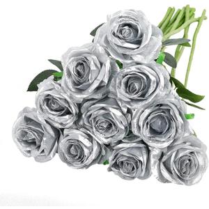 Nubry Artificial Silk Rose Flower Bouquet Lifelike Fake Rose for Wedding Home Party Decoration Event Gift 10pcs (Silver)