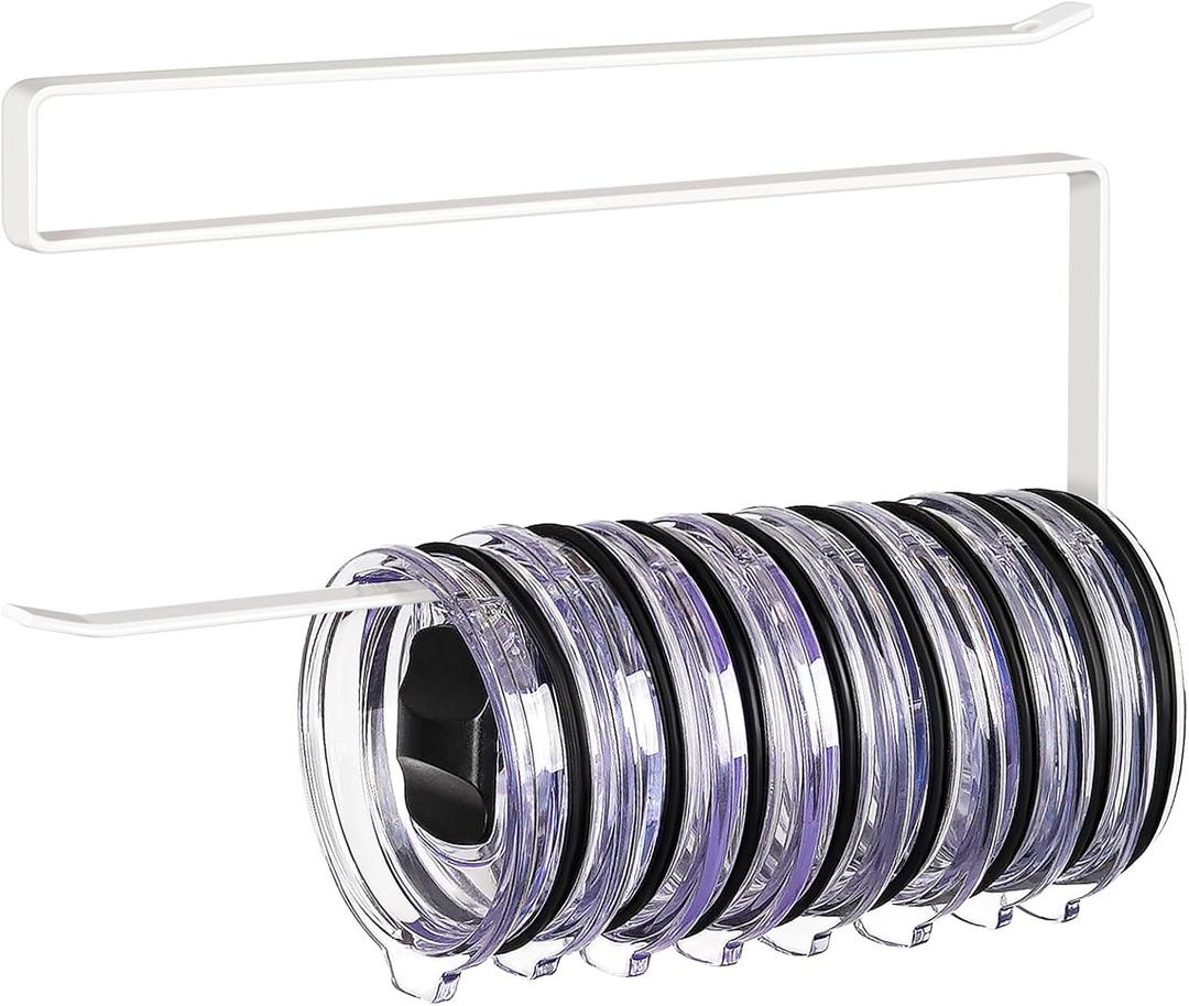 Tumbler Lid Organizer, Horizontal Tumbler Lid Storage Hook Up to 10 Lids, Space Saving Cup Lid Holders Under Cabinet Tumbler Lid Hook for Kitchen Organizer and Storage, Paper Towel Rack Hanger (White)