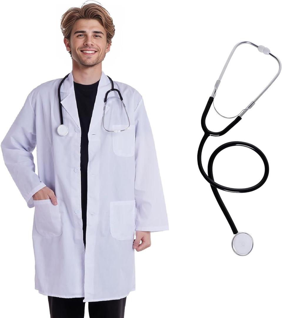 Scientist Doctor Costume Lab Coat Women Men Halloween White Long Flat Sleeve Lab Coats Accessories with Stethoscope (White)