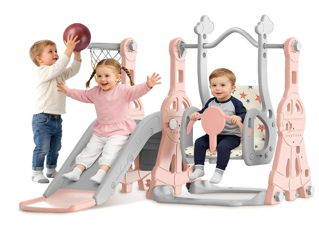 BIERUM 4-in-1 Toddler Slide Swing Set for Kids 1-3, Indoor/Outdoor | Kids Climber Playset with Swing for 1-3, HDPE Material, ASTM Certified Playground Supports 120 lbs, Basketball Hoop, Pink