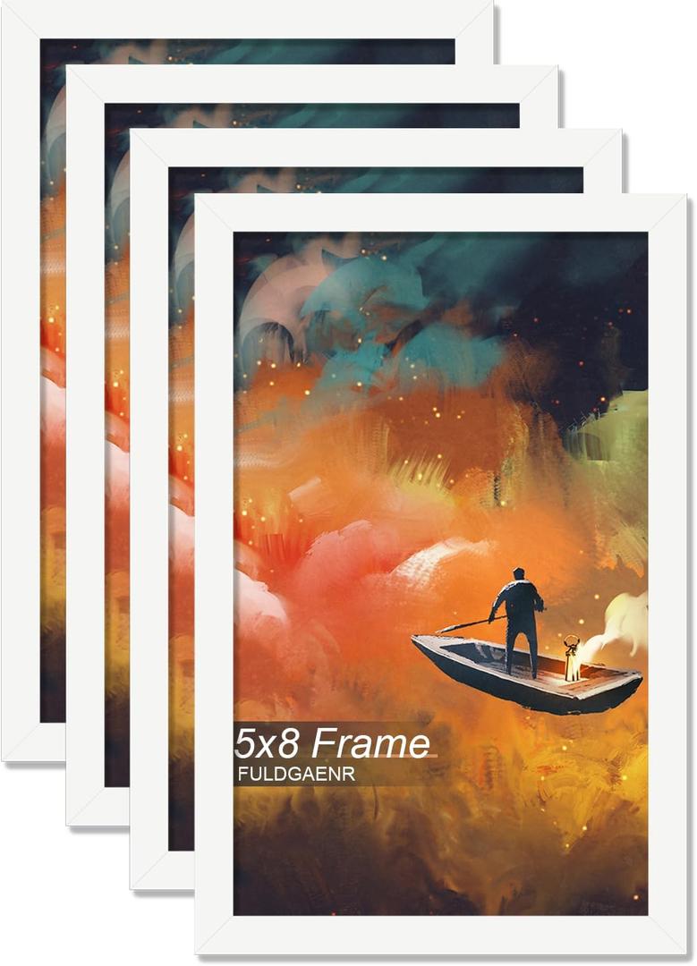 FULDGAENR 5x8 Picture Frame Set of 4, White Frames for 5 x 8 Inch Photo Poster Certificate, High Transparency Wall/Tabletop Frame with Horizontal Vertical Display (4 Pack | White | 5"x8")