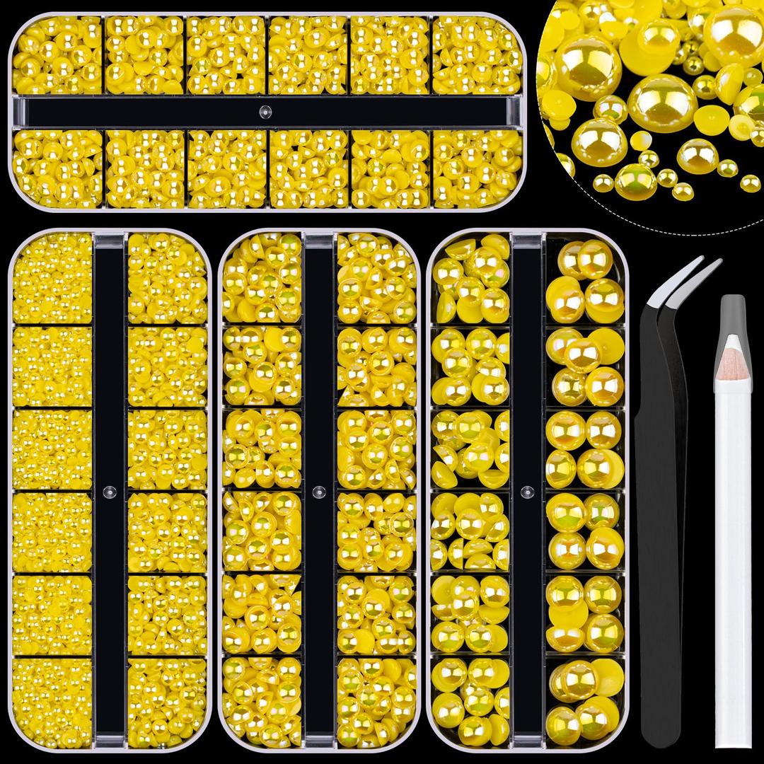 4 Boxes Flat Back AB Pearls Kit 8 Flatback Lemon YellowAB Half Round Pearls 3-10mm with Pickup Pencil and Tweezer for Home DIY and Professional Nail Art, Face Makeup and Craft