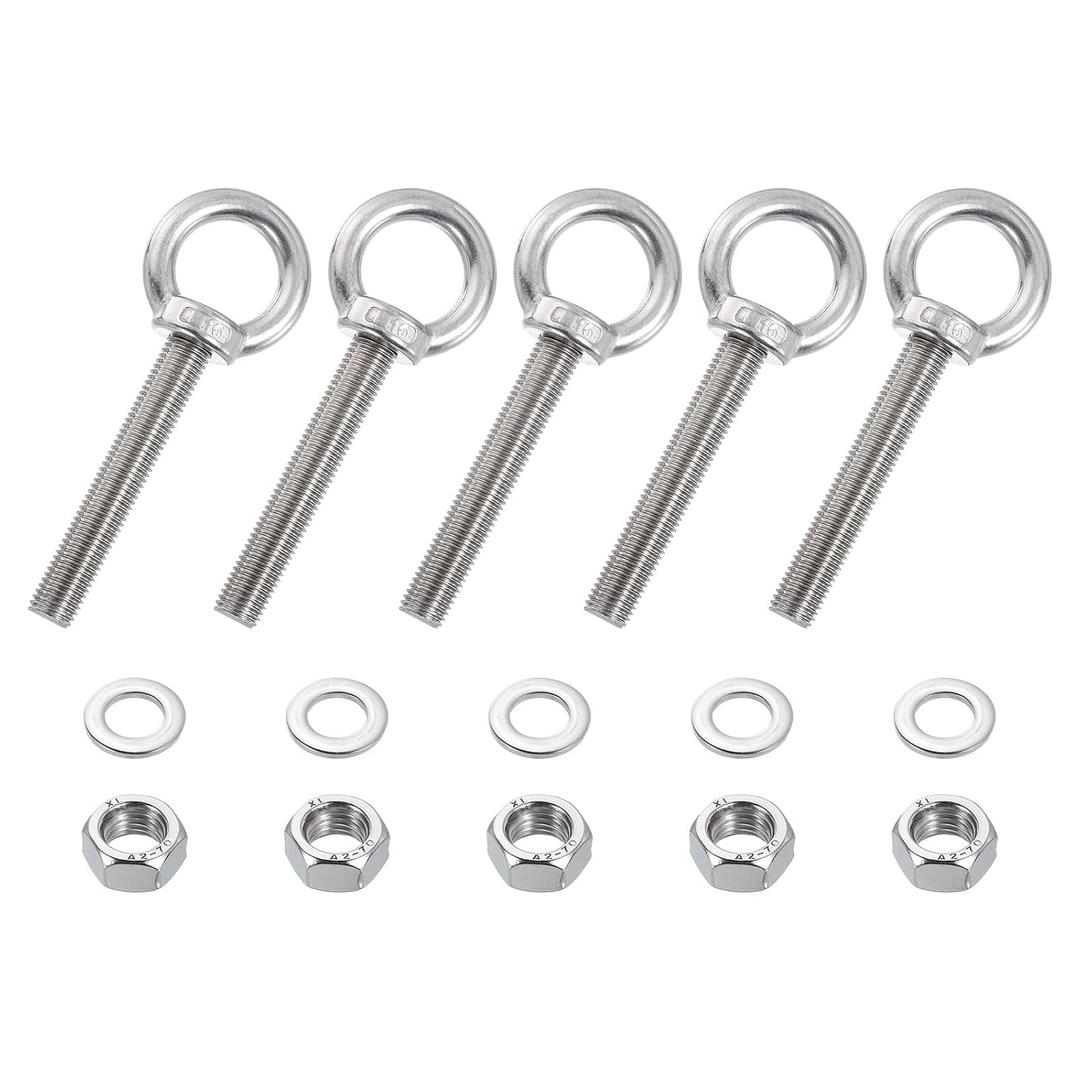 uxcell Threaded Eye Bolts, 5Set M16x100mm - 304 Stainless Steel Eye Bolts with Nuts Washers, Marine Grade Machinery Shoulder Lifting Ring Eye Bolt (Silver)