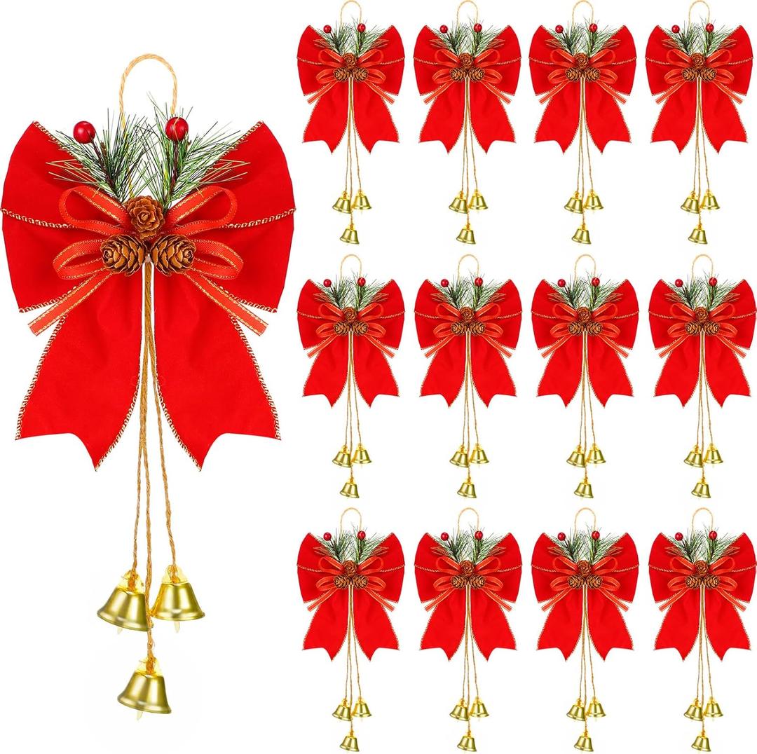 12 Pcs Christmas Bows with Pine Cones, Wreath Ornaments, Bell Tree Toppers for Xmas Party Decoration, Kitchen Cabinet (Red)