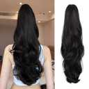 24'' Clip On Ponytail Extension for Women with Claw Clip Fluffy Layered Synthetic Hair Heat Resistant Clips In Curly Hair Ponytail Extensions Wedding Party Daily Use (Dark Black, 7.5OZ)