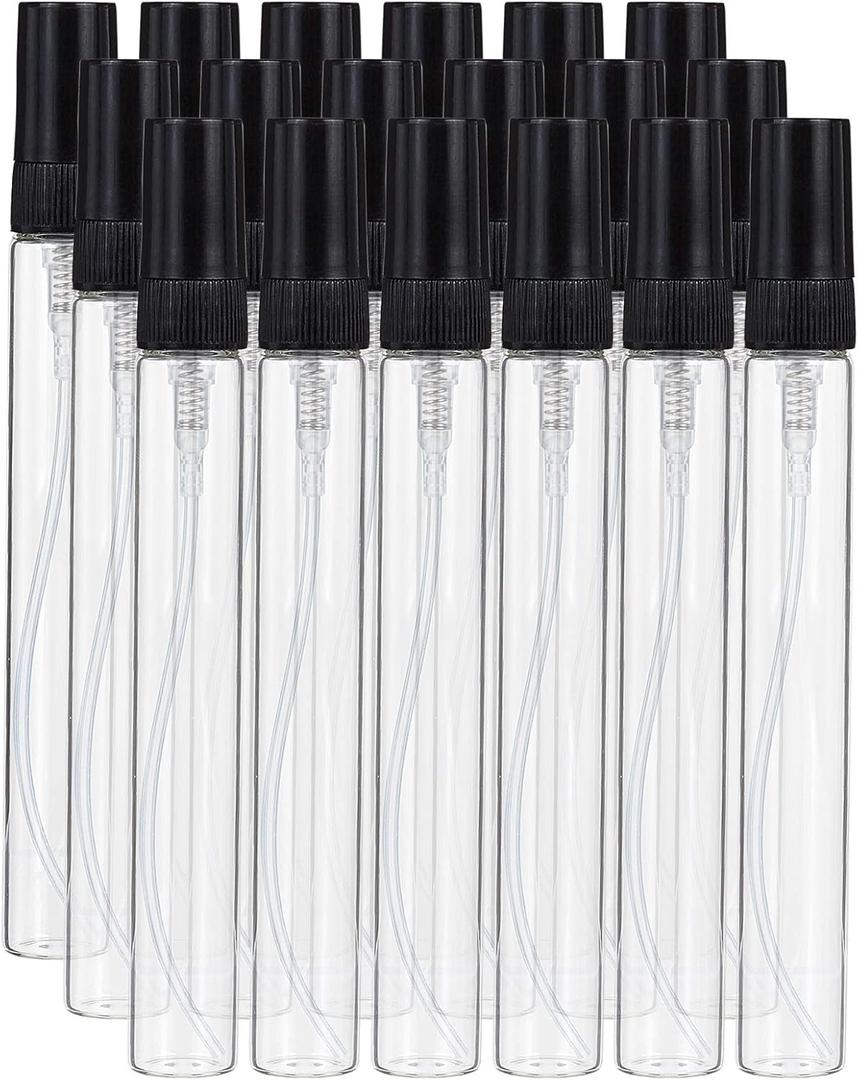 BENECREAT 25PCS 10ml Mini Glass Fine Mist Spray Tubes Transparent Travel Empty Perfume Bottles with Black Lids for Perfume, Toiletries Liquid, Cosmetic