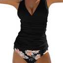 Beachsissi Women's Cute Floral Print Swimsuits V Neck Tummy Control Tankini Set (Large, Black Flower)