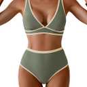 Women's High Waisted Bikini Sets Two Piece Color Block Triangle Swimsuits Sexy V Neck Bathing Suits (Army Green, White, Small)