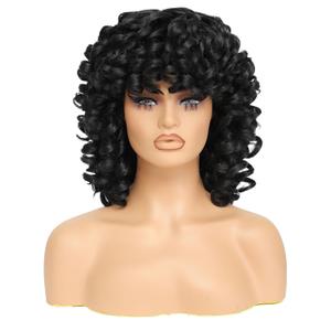 GKtineke Short Curly Wig with Bangs Full Loose Curly Wigs for Black Women Big Curly Wig Soft Fluffy Natural Synthetic Hair for Daily and Party (Black)