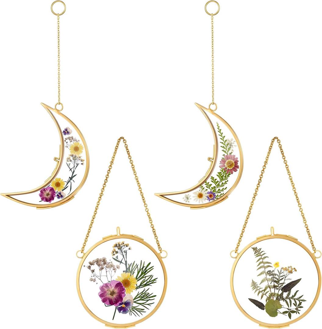 Qunclay 4 Pcs Pressed Flower Frames Bulk Double Glass Floating Hanging Photo Frame Sun Moon Clear Pressed Flower Decor with Chain for DIY Crafts Artwork Display Gallery(Gold,3.5 x 2.5 Inch)