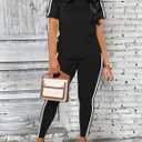 Women's 2 Piece Outfits Sweatsuit Summer Workout Striped Short Sleeve Long Sweatpants Casual Jogging Lounge Set (Large, Black)