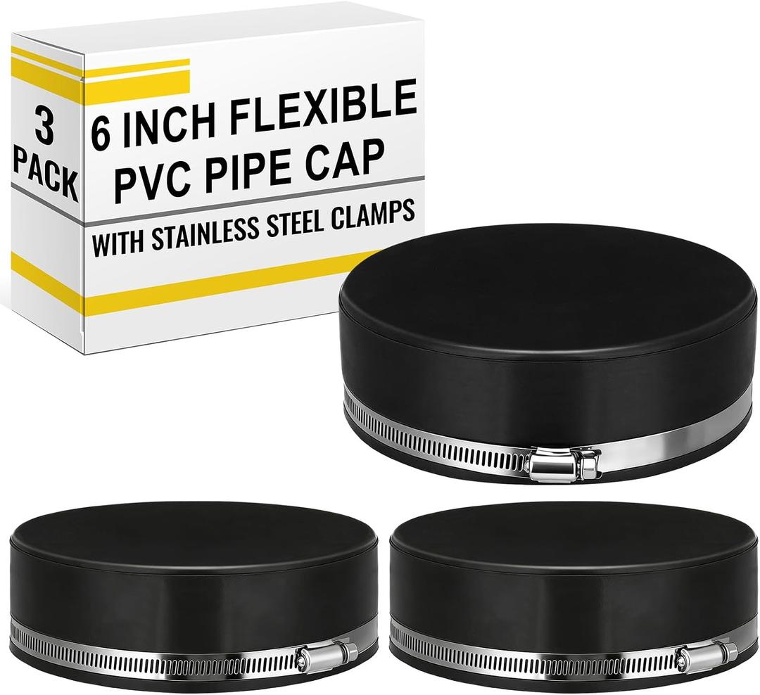 3 Pack 6 Inch Flexible PVC Pipe Cap with Stainless Steel Clamps - Black Durable End Caps for Drainage, Wastewater & Vent Pipes, Above/below Ground Use