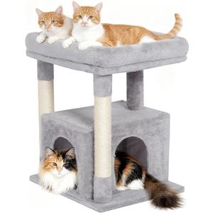 Cat Tree for Large Cat, 19 * 15.8in Large Perch Bed for Adult Cats, 23.6in Cat Tower with Scrathing Post, Cat Condo with 2-Door for Indoor Cats, Light Gray