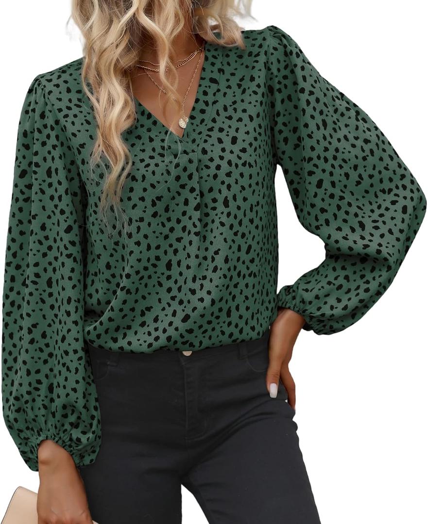 Long Sleeve Blouses for Women, Leopard Print Chiffon Tops V Neck Loose Business Shirts Casual Work Tunic (Green, XL)