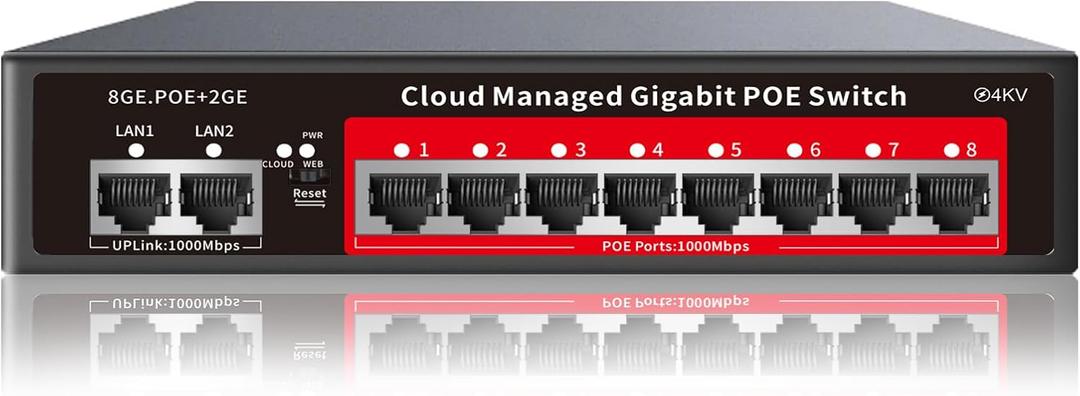 8 Port Gigabit PoE Switch with 2 Gigabit Uplink, 120W Built-in Power, 802.3af/at Compliant, Managed PoE+ Switch Support VLAN, QoS, Fanless Metal, Plug and Play(Desktop/Wall Mount)