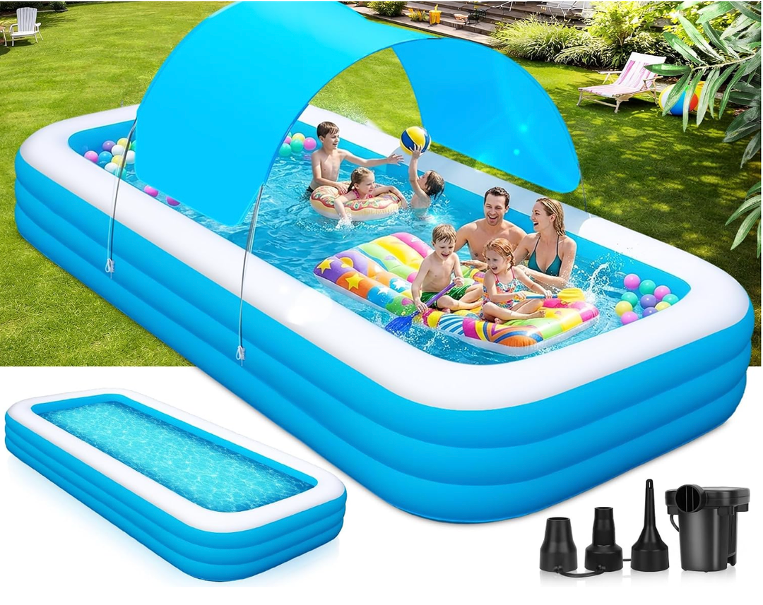 Extra Large Inflatable Pool for Adults and Kids, 145" x 74" x 22" Blow Up Pool for Family, Oversized Inflatable Pools with Canopy & Pump, Large Inflatable Swimming Pool for Backyard Outdoor