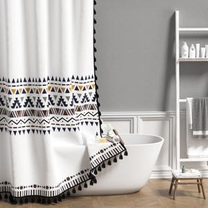 AOFOTO White Boho Shower Curtain with Black Tassel Chic Triangle and Geometric Waterproof Shower Curtain Modern Minimalist Bath Curtain Family Bathtub Bathroom Home Decor with Hooks 36x72 Inch