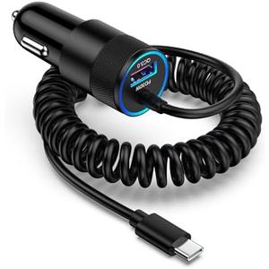 Type C Fast Car Charger for Galaxy A56/A16/S25 Ultra/S25/S25 Plus/S24 FE/S24/S23/S23 Ultra/A15/A55/A54/A14 5G Pixel 9 8 Pro iPhone 16e, QC3.0 18W Car Phone Charger Adapter PD30W USB C Coiled Cable 3FT