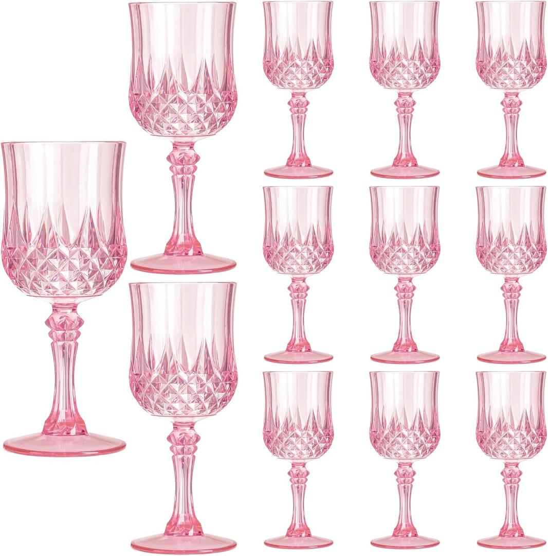 XKXKKE 12 Pcs Pink Plastic Wine Glasses, Plastic Water Goblets for Parties, Stemmed Drinking Glasses for Wedding Reception, Grand Event Party Bar Supplies Reusable Drinking Cups