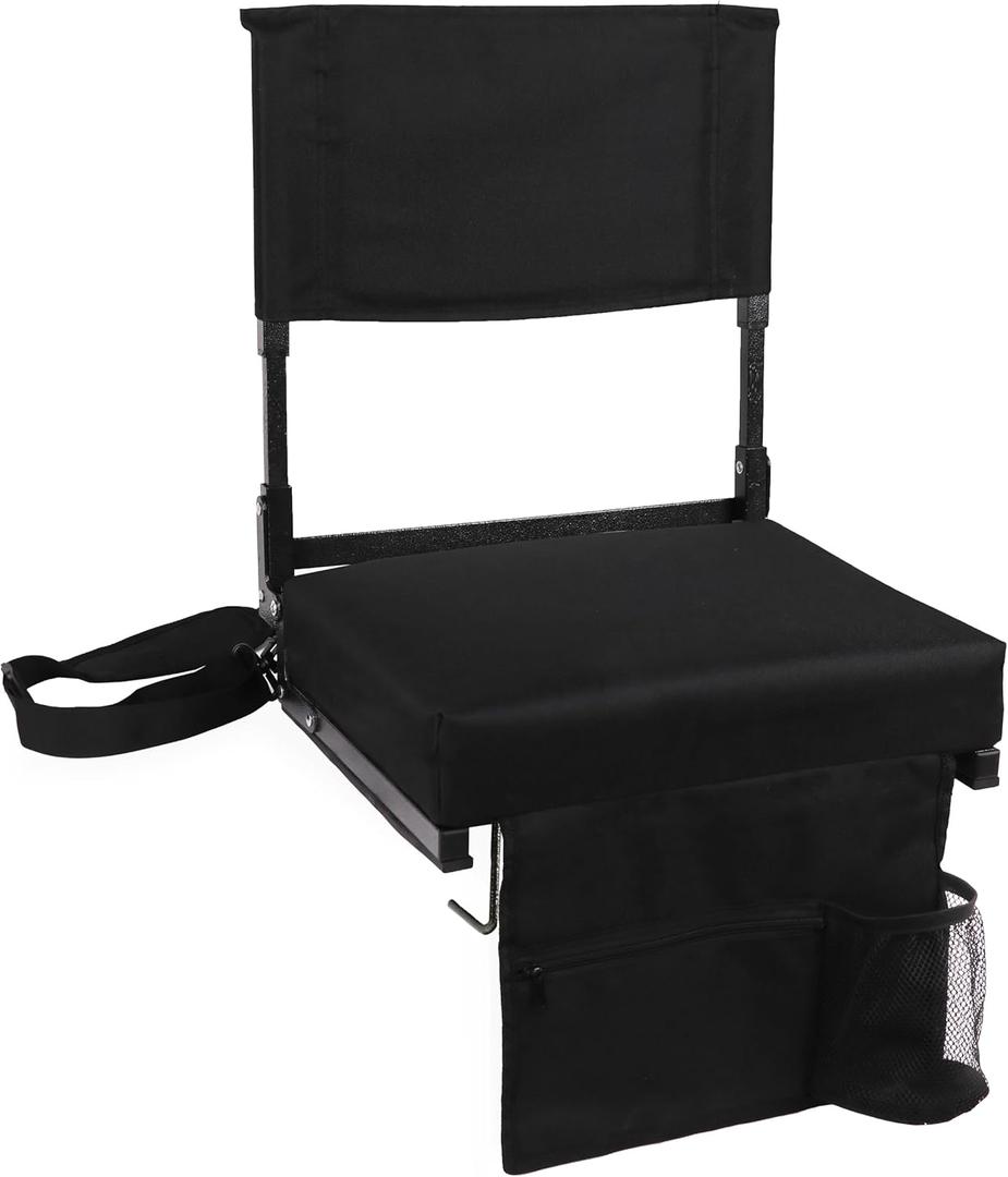 Stadium Seat with Back Support Bleacher Chair with Back and Cushion High Back Includes Shoulder Strap and Cup Holder (Black)