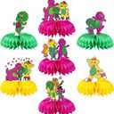 Barney Party Decorations Honeycomb Centerpiece, 7 Pieces Barney Purple Dinosaur Theme  Side Cake Toppers Table Centerpieces, Barney Photo Backdrop for Fans Birthday Party Decorations