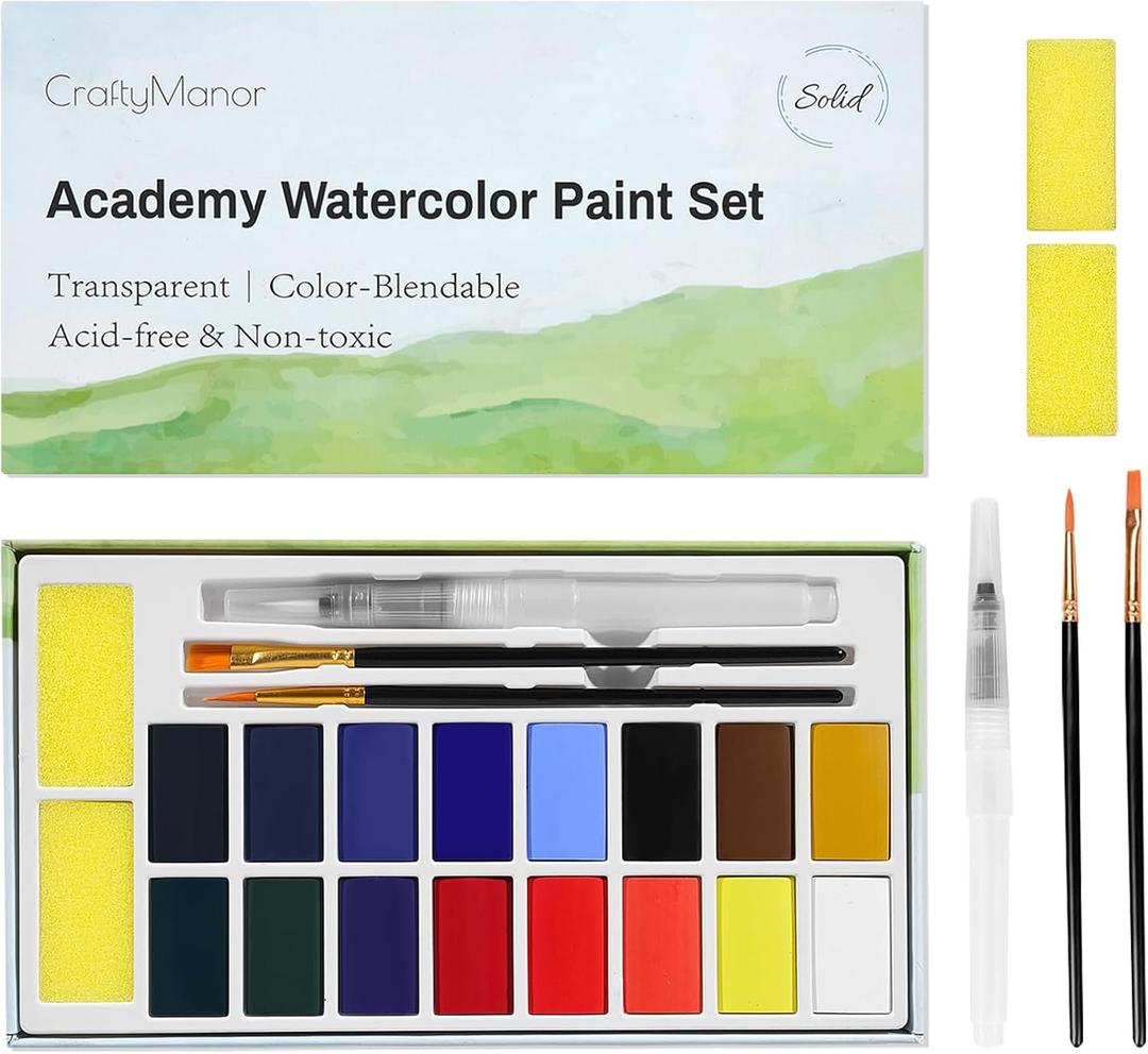 4 x 16 Colors Large Block Watercolor Paint Set for Watercolors Workbook, Portable Water Colors Paint Kit with 2 Paintbrushes 1 Waterbrush, for Adult Painting Beginners & Professional Amateur Hobbyists, 16 Count