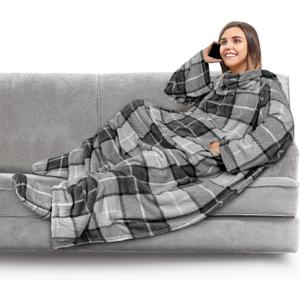 PAVILIA Fleece Blanket with Sleeves, Foot Pockets for Women Men Adults, Plush Wearable Blanket Throw Wrap, Warm Snuggle Blanket Robe, Cozy Gift Ideas Wife Mom, Plaid Dark Gray