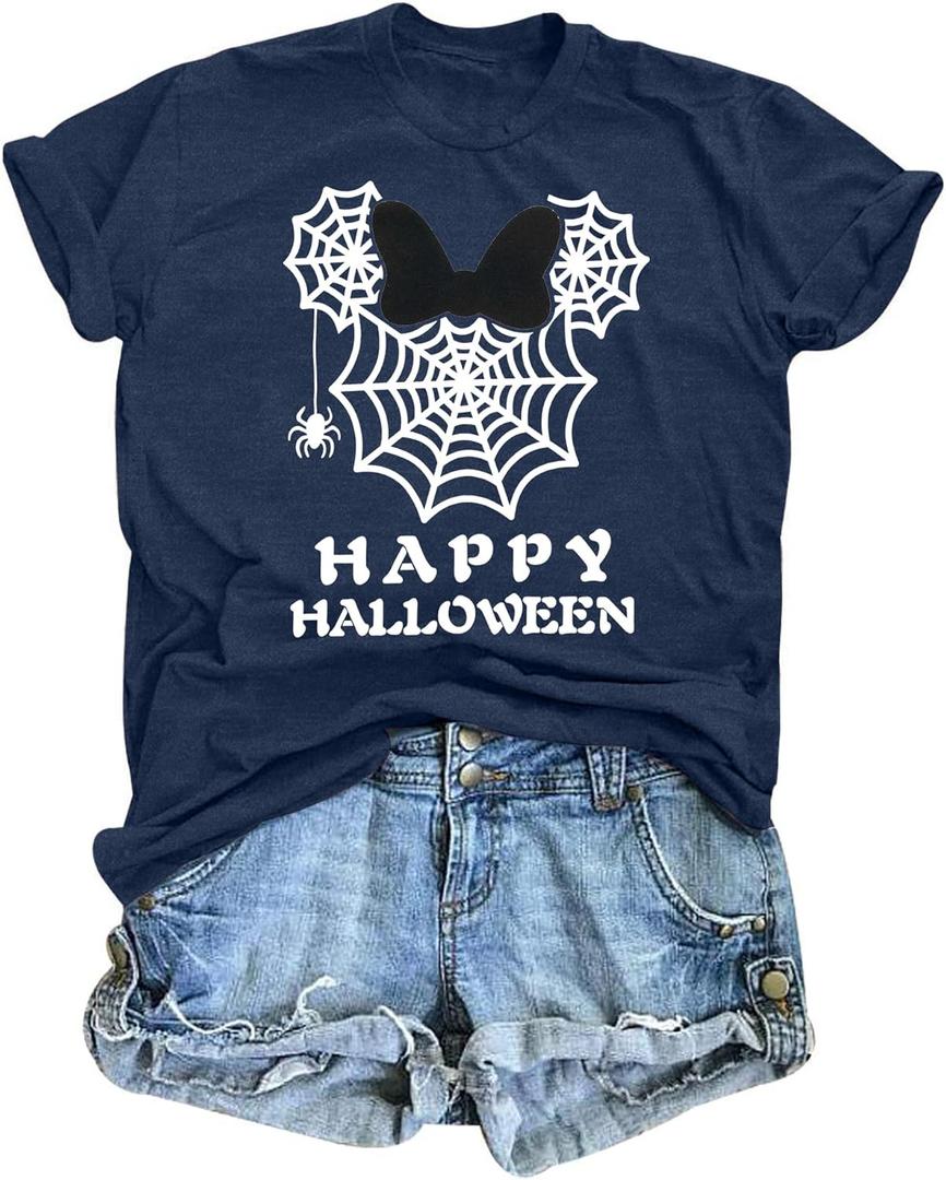 MNLYBABY Happy Halloween Shirt Women Magical Halloween Shirts Funny Spider Web Graphic Shirts Spooky Season Short Sleeve Tops (Medium, Dark Blue-2)